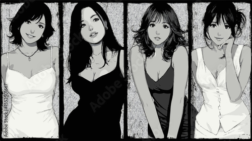 Four attractive women wearing evening dresses are posing in a black and white artistic illustration