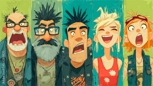 Five friends are expressing a variety of exaggerated emotions, from shock and awe to laughter and excitement