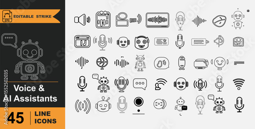 Voice and AI Assistant Vector Outline Icons Set – Microphone, Voice Command, Chatbot, Virtual Helper