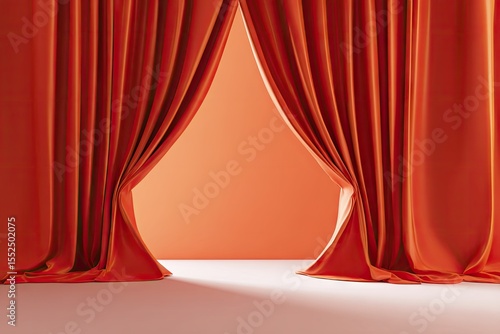 Rich burnt-orange velvet curtains pulled back to reveal a lighter orange backdrop and pale floor, creating a stage-like effect.  The fabric drapes elegantly