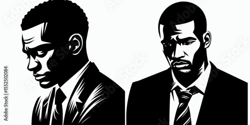 African American Business man Looking remorseful. Marketing Commerce Corporate Entrepreneurship Startup Clipart Line Art Vector Illustration. Regretful black entrepreneur expressing sorrow.