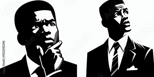 African American Business man Looking puzzled. Marketing Commerce Corporate Entrepreneurship Startup Clipart Line Art Vector Illustration. Black entrepreneur with uncertain expression.