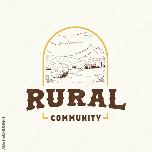 Aerial overview of farm field, rural landscape, countryside, agriculture field with mountain range and clear sky on background and barn, silo, hay ball or straw ball vector illustration logo vintage