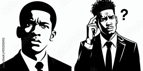 African American Business man Looking confused. Marketing Commerce Corporate Entrepreneurship Startup Clipart Line Art Vector Illustration. Unsure afro descent executive puzzled expression.