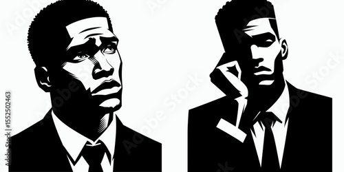 African American Business man Looking bored. Marketing Commerce Corporate Entrepreneurship Startup Clipart Line Art Vector Illustration. Black entrepreneur showing lack of excitement.
