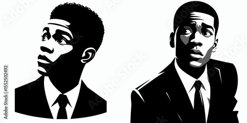 African American Business man Looking curious. Marketing Commerce Corporate Entrepreneurship Startup Clipart Line Art Vector Illustration. Black entrepreneur appearing inquisitive.