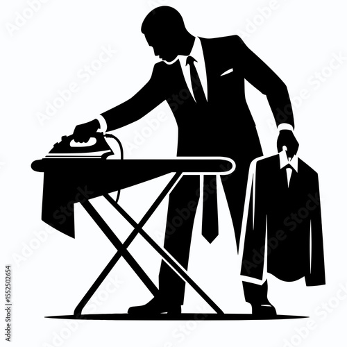 African American Business man Ironing clothes. Marketing Commerce Corporate Entrepreneurship Startup Clipart Line Art Vector Illustration. Black entrepreneur pressing apparel a male at work.