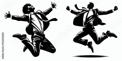 African American Business man Jumping with joy. Marketing Commerce Corporate Entrepreneurship Startup Clipart Line Art Vector Illustration. Black entrepreneur feeling glee leaping high.