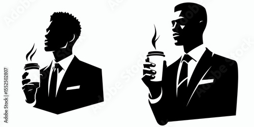 African American Business man Holding coffee cup. Marketing Commerce Corporate Entrepreneurship Startup Clipart Line Art Vector Illustration. Black entrepreneur with java beverage portrait.