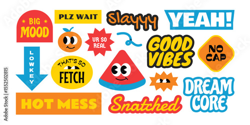 Colorful trendy and groovy stickers collection. Gen z and millenials slang words and quote y2k style.