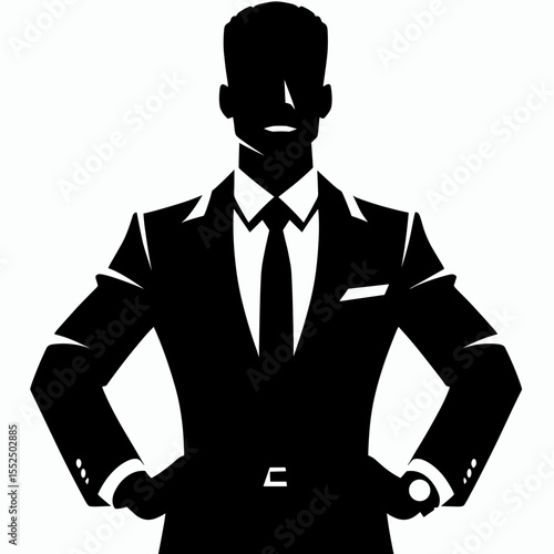 African American Business man Hands on hips. Marketing Commerce Corporate Entrepreneurship Startup Clipart Line Art Vector Illustration. Male entrepreneur with dark complexion arms akimbo.