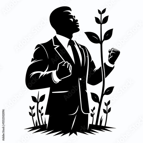 African American Business man growing stronger. Marketing Commerce Corporate Entrepreneurship Startup Clipart Line Art Vector Illustration. .