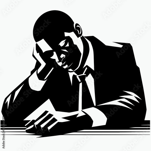 African American Business man Falling asleep. Marketing Commerce Corporate Entrepreneurship Startup Clipart Line Art Vector Illustration. Black male entrepreneur dozing weary professional.