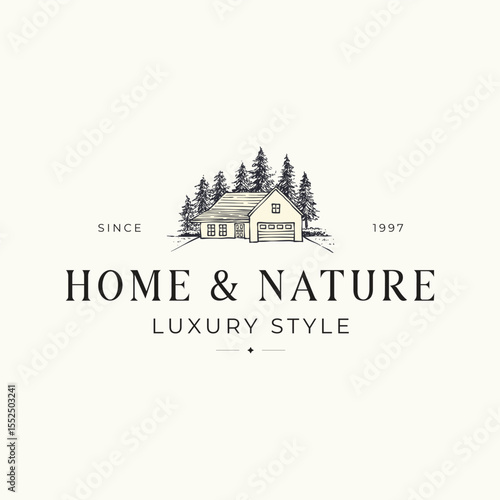 Natural forest pine house hand drawn logo illustration. Urban architecture, residential family home, real estate, evergreen country luxury farmhouse 
