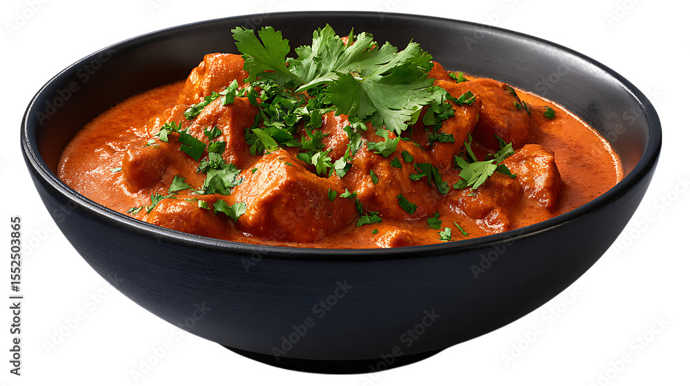 Delicious indian chicken tikka masala served in a black bowl garnished with fresh cilantro isolated on transparent background Delicious indian chicken tikka masala served in a black bowl garnished with fresh cilantro isolated on transparent background