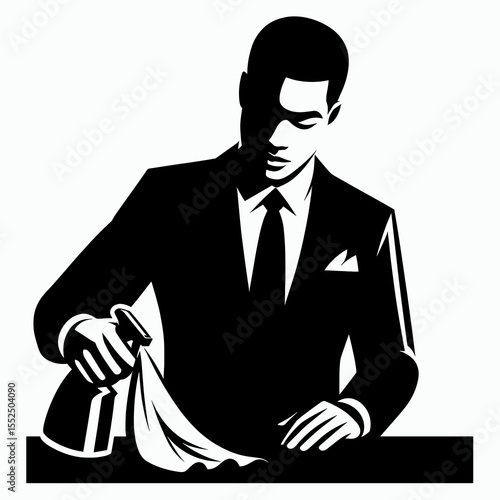 African American Business man cleaning room. Marketing Commerce Corporate Entrepreneurship Startup Clipart Line Art Vector Illustration. Male entrepreneur tidying workspace decent interior.