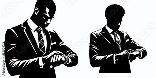 African American Business man Checking watch. Marketing Commerce Corporate Entrepreneurship Startup Clipart Line Art Vector Illustration. Black entrepreneur viewing timepiece for promptness.
