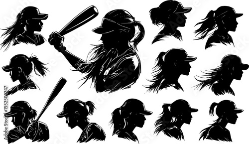 Black silhouettes of a female baseball player swinging a bat, showcasing various head and body positions