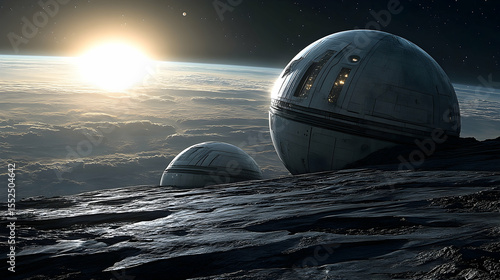 Futuristic spaceships on alien planet surface sunrise space exploration science fiction