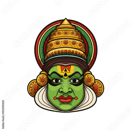 Illustration Of A Kathakali Face With Green Makeup And Traditional Costume