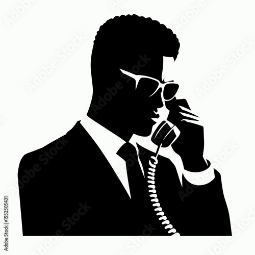 African American Business man answering phone. Marketing Commerce Corporate Entrepreneurship Startup Clipart Line Art Vector Illustration. Male of descent professional taking call at his job.