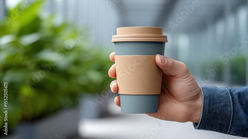Plastic free, retail and startup, A hand holds a reusable coffee cup with a cardboard sleeve against a blurred green and gray background.
