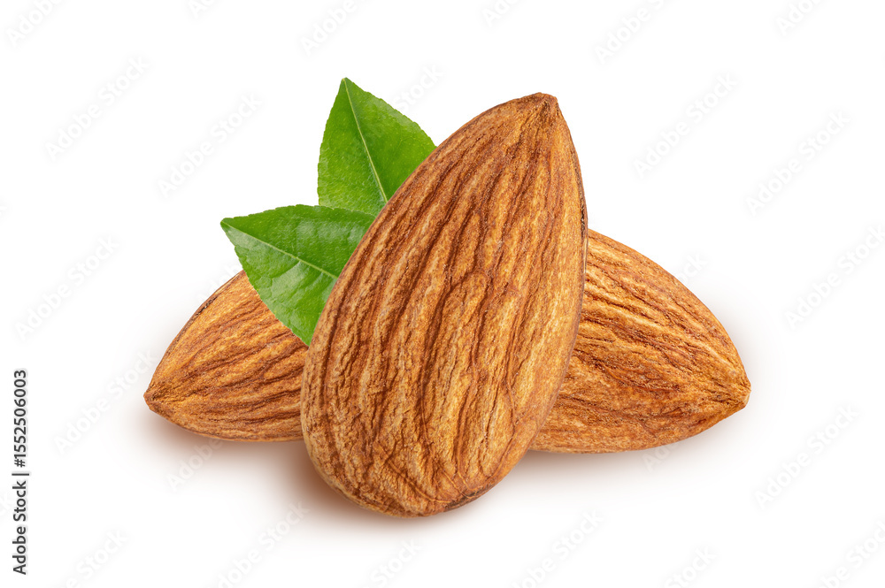 Almonds with leaves isolated on white background. Almonds with leaves isolated on white background.