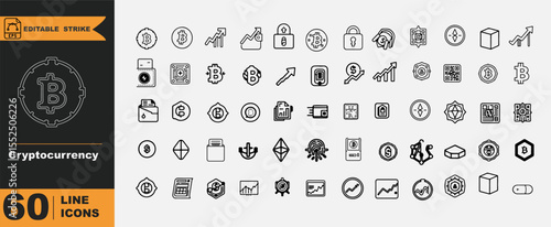 Cryptocurrency and Digital Finance Vector Fintech Icons Set – Bitcoin, Wallet, Blockchain, Crypto Mining, QR Pay