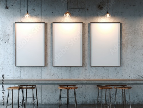 Three blank frames hang on a concrete wall above a long, low counter with stools, illuminated by pendant lights