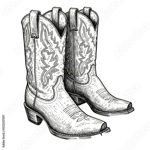 Illustration of Fashionable Vintage White Cowboy Boots on Transparent Background