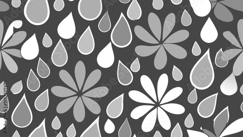 Seamless pattern of gray and white teardrop shapes and flowers on dark gray background