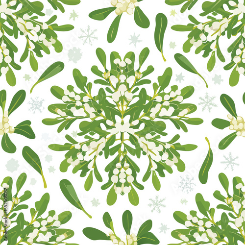 Seamless pattern of mistletoe branches with white berries and snowflakes background