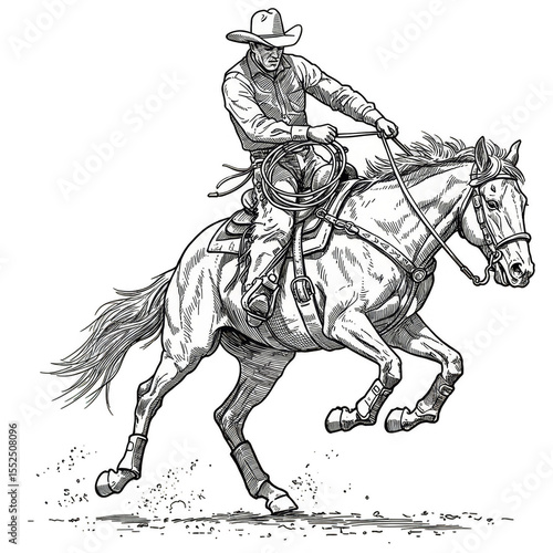Illustration of Cowboy Riding Bucking Horse in Black and White Outline