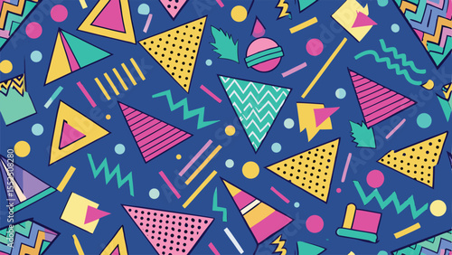 Retro Memphis Style Geometric Shapes Pattern With Pink Yellow Teal And Blue 1980s 1990s