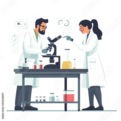Two scientists in a lab, one using a microscope, the other pointing at a chart