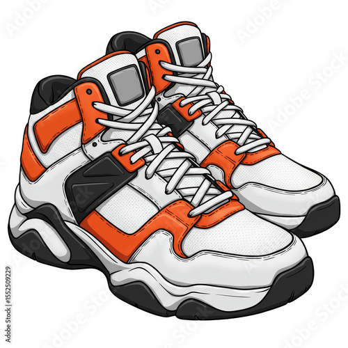 Illustration of Orange and White High Top Sneakers Athletic Footwear