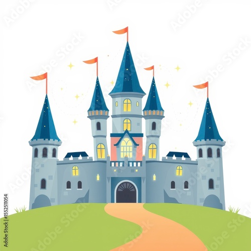 Charming Cartoon Castle Illustration on Hilltop