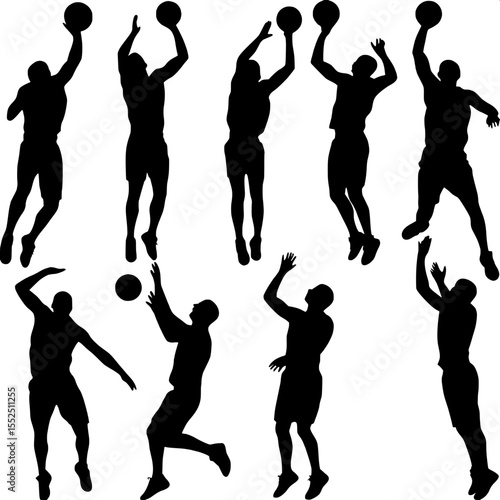 "Energetic composition of multiple volleyball player silhouettes in black, leaping and lunging across a white backdrop, evenly spaced to show progression and diversity in gameplay."



