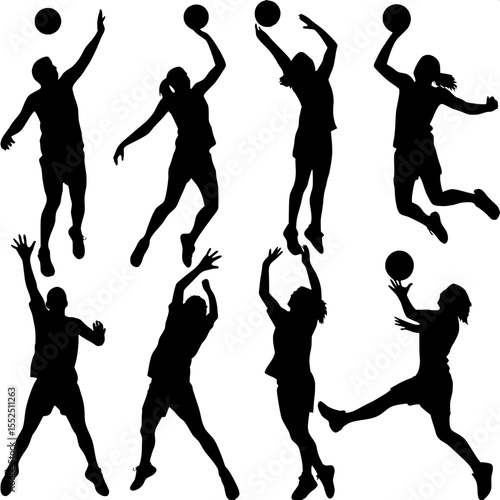 "Energetic composition of multiple volleyball player silhouettes in black, leaping and lunging across a white backdrop, evenly spaced to show progression and diversity in gameplay."



