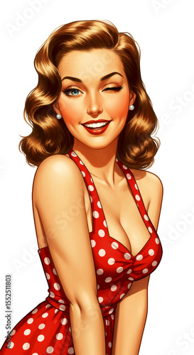 Illustration of Winking Pin-Up Girl with Red Dress and Retro Glamour