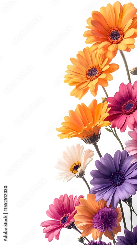 Fototapeta premium Multicolored Osteospermum flowers bloom vibrantly, with petals of orange, pink, purple, and white on a transparent background