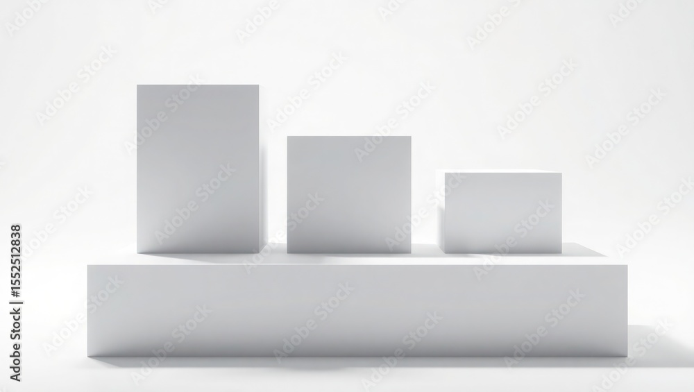 Three white cubes of varying sizes are arranged on a rectangular platform against a plain white background. Three white cubes of varying sizes are arranged on a rectangular platform against a plain white background.