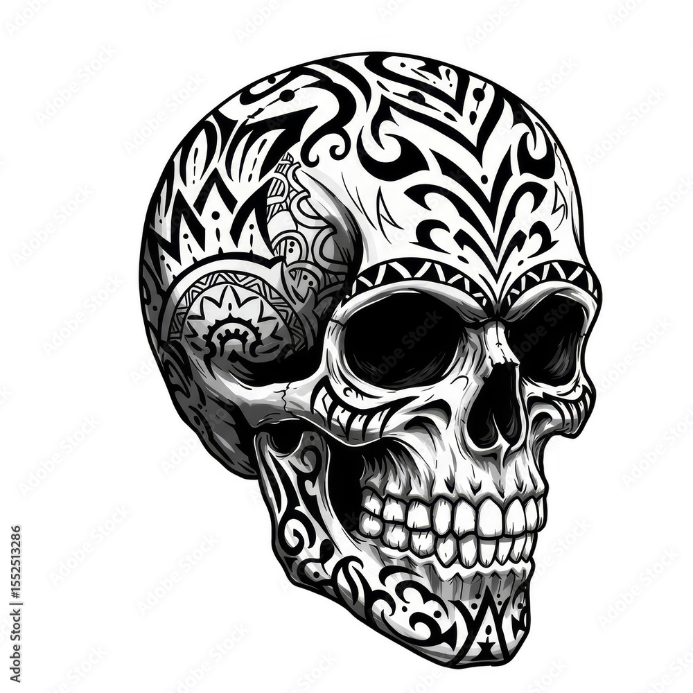 Fototapeta premium Illustration White Skull with Ornate Tribal Tattoo Pattern Designs