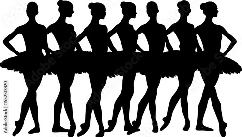 Symmetrical line of seven ballerinas in silhouette, each striking a different classical ballet pose. Rendered in pure black on a white background, the figures are simplified and elegant, with no facia