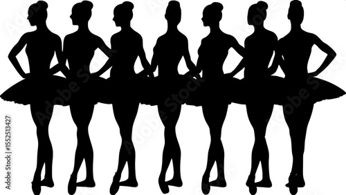 Symmetrical line of seven ballerinas in silhouette, each striking a different classical ballet pose. Rendered in pure black on a white background, the figures are simplified and elegant, with no facia