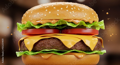 Juicy perfection: A mouthwatering render of a cheeseburger dripping with deliciousness.