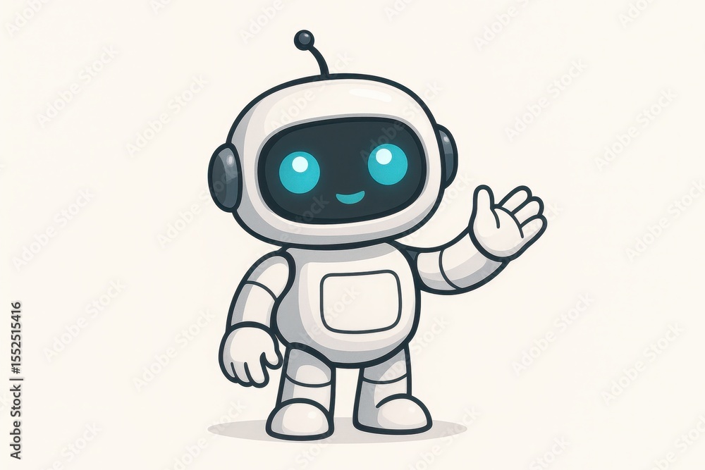 Obraz premium Friendly AI robot mascot pointing to blank space with cheerful expression and modern design