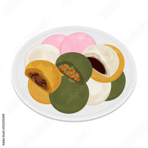Vector Illustration Logo Clipart Hoppang or Jjinppang Steamed Bun with Red Bean Paste and Meat on a Plate