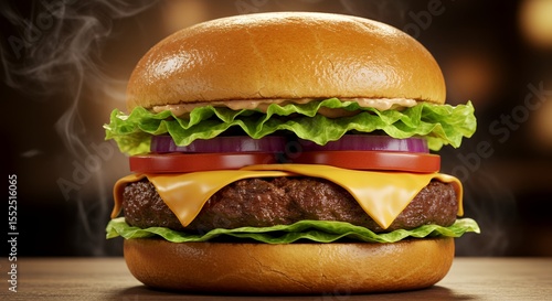 Juicy Cheeseburger Steaming Hot on Rustic Wood