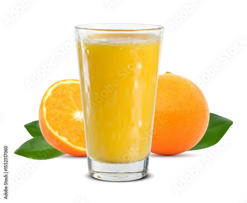 Realistic orange juice cup with half and a whole orange isolated on white background